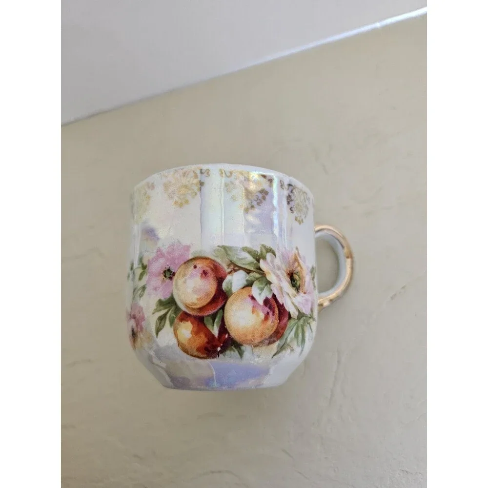 Vintage German Iridescent Cup With Flowers, Fruit, and Gold Details